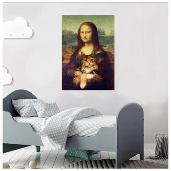 Mona Lisa Si Cat De Artă Panza Pictura De Postere Și De Imprimare Imagini De Perete Pentru Dormitor, Living, Tablouri Decorative De Perete Acasă Decor