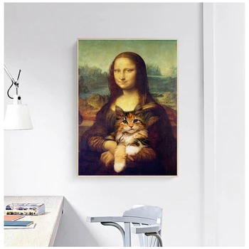 Mona Lisa Si Cat De Artă Panza Pictura De Postere Și De Imprimare Imagini De Perete Pentru Dormitor, Living, Tablouri Decorative De Perete Acasă Decor