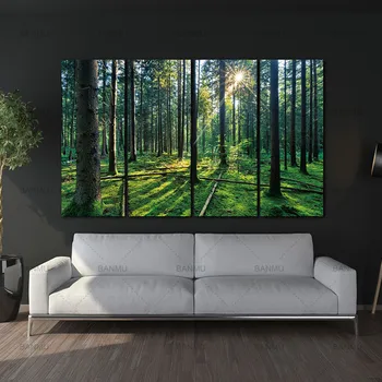 4 Panoul de Pădure și Răsărit SunliXWAt Pictură în Ulei Verde Copac Pădure Panza de Imprimare Moderne de Arta de Perete Decor Acasă Decor Acasă