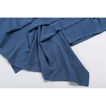 Noi 2021 Femeie De Primavara Casual Două Piese Set Solid Albastru Efecte Cascadă Bluză Și Pantaloni Drepte Doamnelor Costume Elegante 6988
