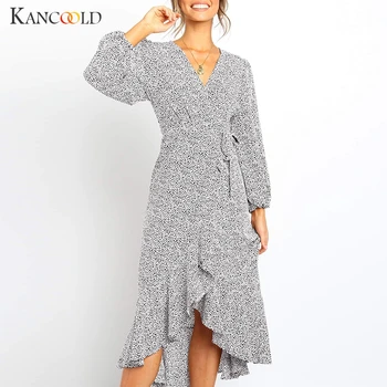 KANCOOLD rochie pentru Femei de Moda DoT Printed Long Sleeve V-Neck Rochie Asimetrică eșarfe Bandaj Casual rochie nouă femei 2019Sep9
