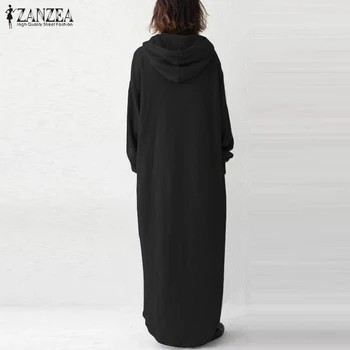 ZANZEA 2021 Elegant Hanorace Rochie de Toamna Femei cu Glugă Sundress Tricou Maneca Lunga Vestidos de sex Feminin Casual Split Maxi Halat 7