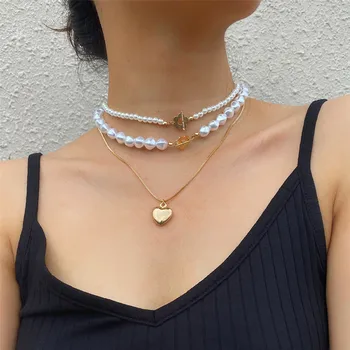 Bohemia Pearl Lanț Colier de Aur de Culoare Arcan Inima Dulce Pedant Cravată Colier pentru Femei Strat Vintage Moda Bijuterii Guler