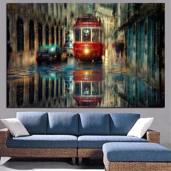 Vintag Autobuz Panza Pictura Oamenii și Mașinile De pe Stradă Într-o Zi Ploioasă Postere si Printuri de Arta de Perete Poza pentru Living Decorul Camerei