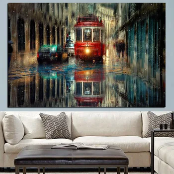 Vintag Autobuz Panza Pictura Oamenii și Mașinile De pe Stradă Într-o Zi Ploioasă Postere si Printuri de Arta de Perete Poza pentru Living Decorul Camerei