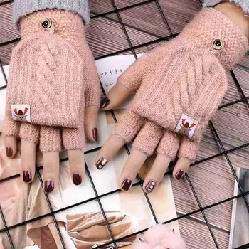 Fawn Tricotate Flip Jumătate-deget Mănuși fără Degete și Jumătate Acoperiți de Femei Combo Mănuși Doamnelor Încheietura mâinii Mână Caldă de Iarnă Mănuși de Degete