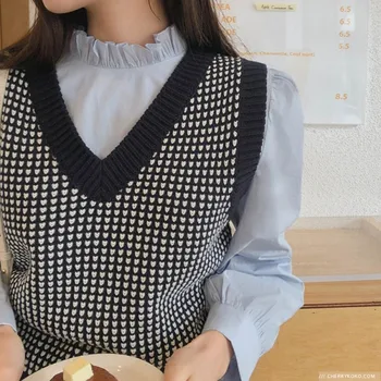 Primavara Toamna Femei 2020 V-neck Carouri Vesta fără Mâneci Pulover tricotat Feminin
