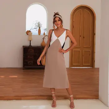 îmbrăcăminte OWLPRINCESS 2020 Moda de Vara Cusaturi de Contrast de Culoare Bretele Sexy V-neck Dress