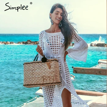 Simplee Sexy femei albe rochie de plajă de Vară gol maneca lunga split sundress Elegant, moda, petrecere de vacanță vestidos 2019