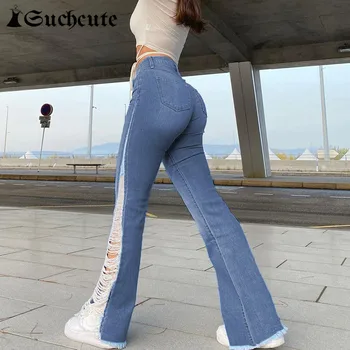 SUCHCUTE 90 Estetice Slim Tinute Gotice Talie Joasă, din Denim Pantaloni Pentru Femei de Moda Streetwear Găuri în Dificultate Blugi Pantaloni
