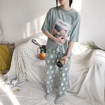 2019 Noi Femeile Set Pijama Moale Pisica Desen Animat De Imprimare Pijama Acasă Pijamale Doamnelor Bumbac Pijama Set De Pijamale