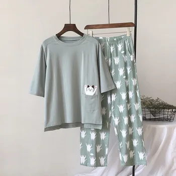 2019 Noi Femeile Set Pijama Moale Pisica Desen Animat De Imprimare Pijama Acasă Pijamale Doamnelor Bumbac Pijama Set De Pijamale