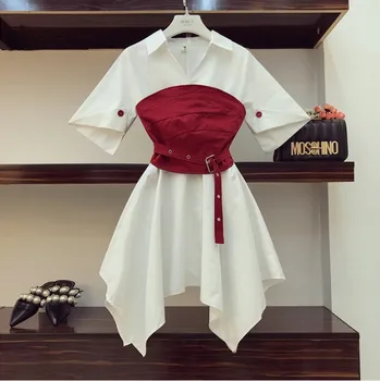 2019 Noua Moda de Vara pentru Femei Maneci Scurte, Neregulate Rochie Camasa + Vesta Mic Centura de Două Bucăți.femei Fete Dress Set