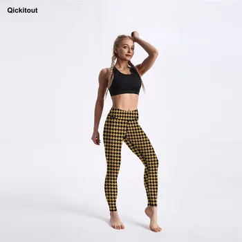 Qickitout Sexy Femei Jambiere Galben Houndstooth Model Imprimat Legging cu Talie Înaltă Lungime de Glezna Casual Pantaloni de Antrenament XS-XL