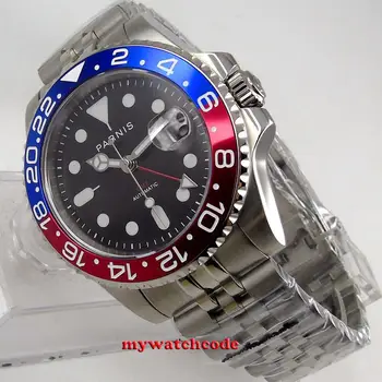 40mm PARNIS cadran negru pepsi bezel data semne luminoase GMT automatic mens watch din Oțel Inoxidabil, Safir Mens Ceas de Lux P129