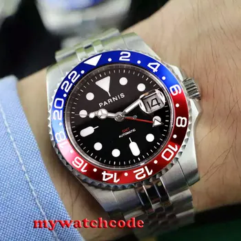40mm PARNIS cadran negru pepsi bezel data semne luminoase GMT automatic mens watch din Oțel Inoxidabil, Safir Mens Ceas de Lux P129