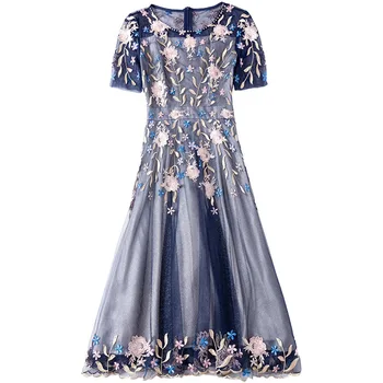 2019 vara noi scurtă gât rotund cu mâneci subțire talie mare rochie de margele plasă subțire temperament elegant a-line rochii