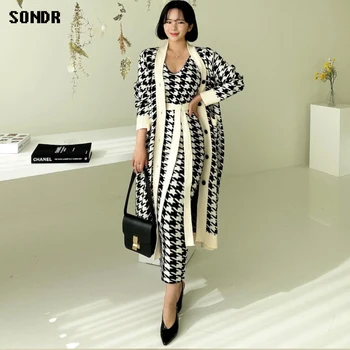 2020-Coreean Pulover Moda Stil Vintage V-Neck Pulover Lung Tricotate Strat + Houndstooth Vesta Rochie De Sex Feminin Costum Din Două Piese