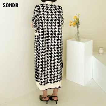 2020-Coreean Pulover Moda Stil Vintage V-Neck Pulover Lung Tricotate Strat + Houndstooth Vesta Rochie De Sex Feminin Costum Din Două Piese