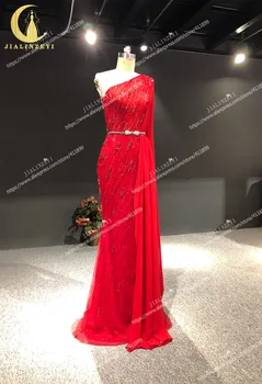 Rin Poze reale pe un umăr sexy Margele de Cristal Sirena Cu rochii de șifon arabă rochii de seara lungi