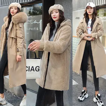 La modă trei purta detasabila hanorac guler de blană mare în 2020, noua femeie de iarna paltoane și jachete peste genunchi groase de iarnă