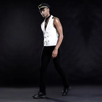 2020 Negru Cu Alb Bărbați Avion Căpitanul Uniformă Cosplay Costum Club De Noapte Buton De Cămașă Pantaloni, Cravată, Pălărie Turcanu Lenjerie