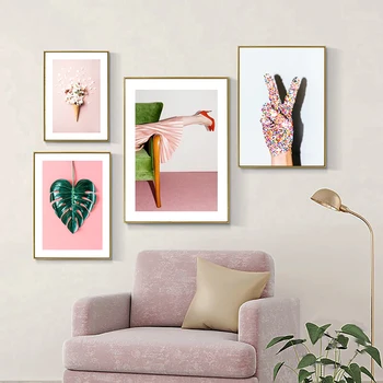 Bomboane de Arta Plantelor Arta de Perete Panza Pictura Roz Stil Nordic Postere si Printuri Decorative Simple Imagine Decorațiuni interioare Moderne