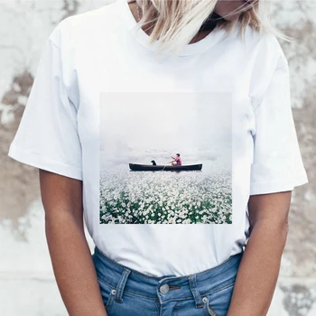Barca Într-o Mare De Flori de Imprimare T-shirt Femei 2020 Noua Moda de Vara Coreea Tricou Harajuku Estetice Alb Topuri Femei T Shirt
