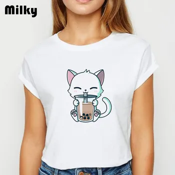 Harajuku kawaii Cat de imprimare femei tricou de Vara lapte ceai femei T shirt 90 ulzzang Maneci Scurte topuri 2020 punk T-shirt