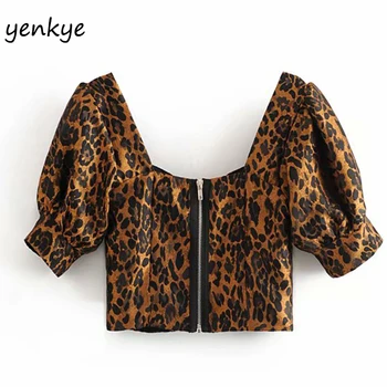 Femei de moda de Epocă Leopard Top Lady Puff Maneca Gât Pătrat Streetwear-Sexy Crop Top LDZZ6132