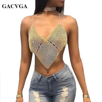 GACVGA 2020 Triunghi Diamante Crop Top Cristal Ștreangul de Topuri de Vara Sclipici Femei Sexy Backless Club de noapte Bralette Rezervor de Top