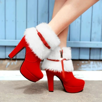 Femei De Iarnă, Cizme De Crăciun Glezna Cizme Cu Tocuri Inalte Pantofi Doamnelor Femme Cald Ghete Rosii Pantofi Negru Plus Dimensiune 34-43