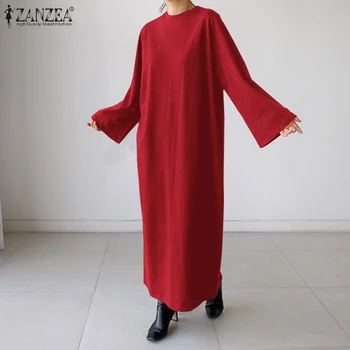 Moda Solid Maxi Rochie Femei Flare Sleeve Sundress ZANZEA 2021 Casual O de Gât Toamna Vestidos de sex Feminin Spate Split Haina Plus Dimensiune