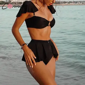 Conmoto solid negru volane talie mare push up costume de baie femei casual sarba antrenor bikini sexy femme vara plaja bikini set