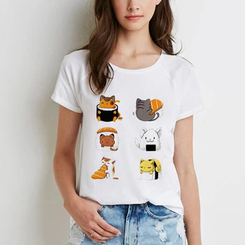 Moda Vara Tricou Kawaii Sushi Cat Tricou Femei Grafice Tricouri Femei Camiseta Mujer de Epocă Supradimensionate pentru Femei T-shirt