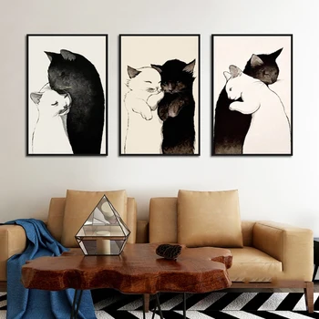 Panza Poster Decor Acasă Animale Drăguț Alb Negru Cat Cupluri Pictura Arta Modernă Poze De Perete Pentru Dormitor/Camera De Zi