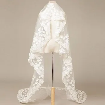Voal mireasa Alb/Fildeș 3D Flori de Mireasa Lunga Voal Mantilla Accesorii de Nunta Aplicatii Cu Dantela Flori