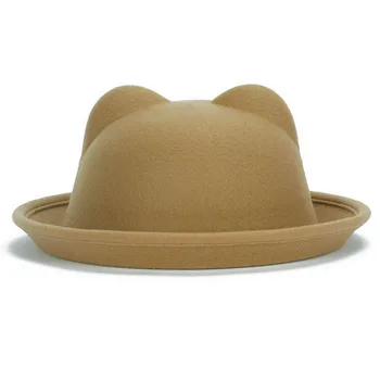 2016 paternitate moda pălărie de lână sens doamnelor femei Fedoras pălărie retro copii cu urechi de pisică animal pălărie nu deformate Băieți Fata palarie de soare