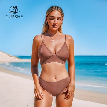CUPSHE Maro Dantela-Up Bikini Seturi de Femei Triunghi Mijlocul Talie Două Piese de Costume de baie 2021 Fată Simplă Plaja Costum de Baie, Costume de baie