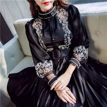 De înaltă calitate 2019 toamna anului nou broderie rochie femei elegante vestidos bodycon negru epocă partid pista rochii cu maneci lungi