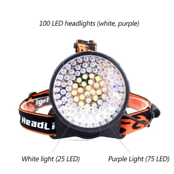 100 Faruri LED 10W 4 Moduri Alb+395nm UV Blacklight Cap Lanterna Reincarcabila Exterior Impermeabil Puternic Lumina UV
