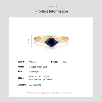 VISTOSO Inel de Aur Pentru Femei Reale 14K 585 Aur Galben Natural Albastru Safir Diamant Strălucitor anillos Simplu Trendy Bijuterii Fine