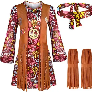 Femei Iubesc Pacea Hippie Costum de Petrecere anii ' 60 ' 70 Hippie Etapă purta Costum de Halloween Indian Ciucuri Hippie Performanță