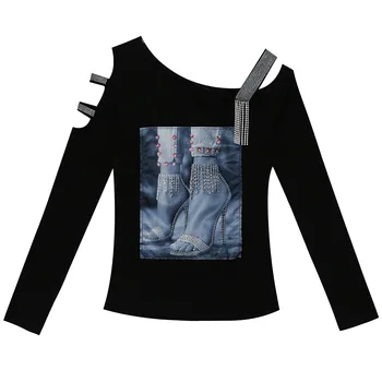 Nou Stil de Stradă Femei Casual cu Maneci Lungi Deschide Umăr Gol Bumbac tricou Diamante cu toc Înalt Imprimate Grafic Teuri de sex Feminin