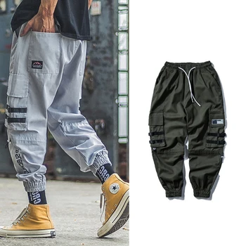 2019 Bărbați Streetwear Jogging Pantaloni Hip Hop Panglici Design Jogger Pant Barbati Casual Pantaloni Cargo pantaloni de Trening Glezna-Lungime WB57