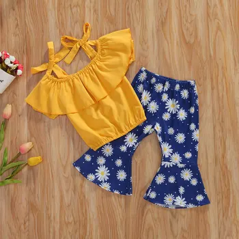WOSHILAOCAI Toddler copii Haine Copii Fete Tinutele de Vara cu Maneci Scurte Topuri Tricou Florale Trompeta Flare Pantaloni Set Haine 2020
