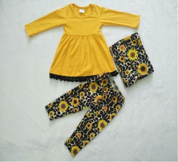 Leopard-print de floarea-soarelui fata de toamna tinuta uzura pentru copii de înaltă calitate de moda de tip boutique de 3 buc set plus eșarfă