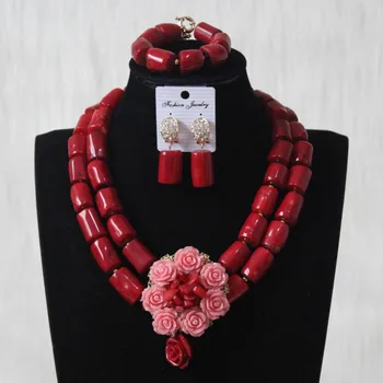 Rosu Coral Margele Bijuterii Set Cu Flori Roz 2 Straturi Colier Cercei Set Pentru Mireasa Femeile Livrare Gratuita Set De Bijuterii Din Dubai