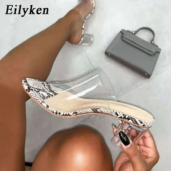 Eilyken 2021 Vară de Moda de Argint Sarpe cereale Sexy din PVC Transparent Peep Toe Cristal Scăzut Toc 5cm Femeile în aer liber, Papuci