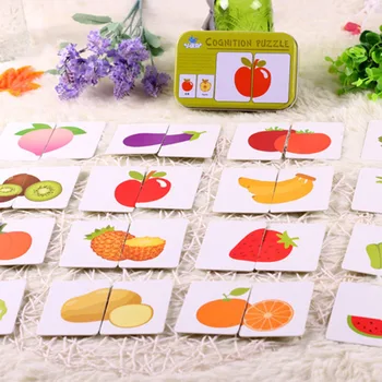 32 Buc Copil Copii Copii Cunoaștere Puzzle Jucarii Cutie De Fier Carduri De Potrivire Joc Cognitive Card De Fructe Viața Animală Set